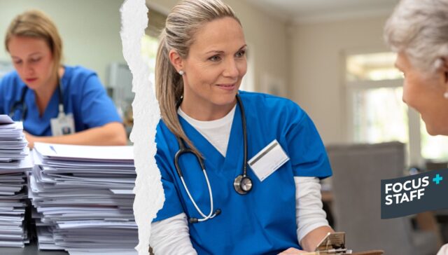 Certified travel nurse badge on scrubs during hospital shift with patient