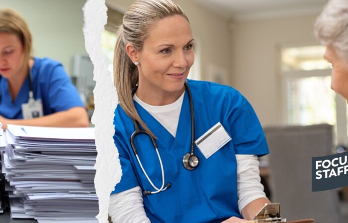 Certified travel nurse badge on scrubs during hospital shift with patient