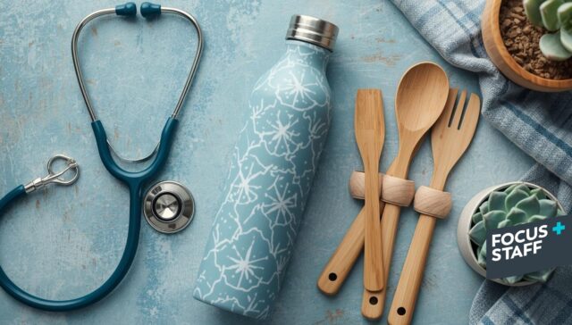 a stethoscope, a reusable water bottle, a bamboo utensil set, and a succulent or green plant