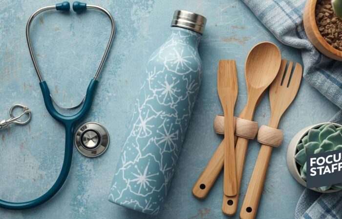 a stethoscope, a reusable water bottle, a bamboo utensil set, and a succulent or green plant