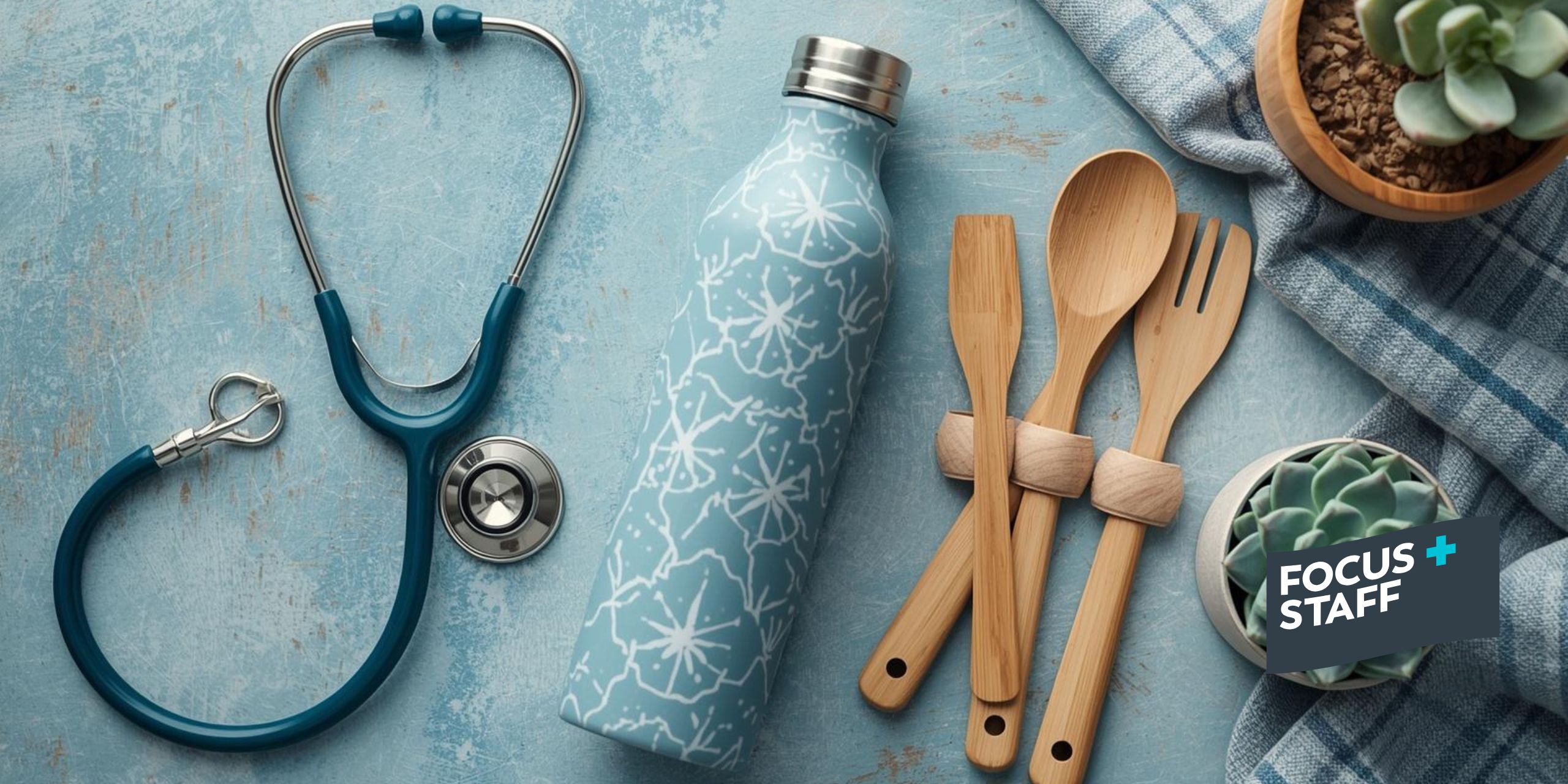 a stethoscope, a reusable water bottle, a bamboo utensil set, and a succulent or green plant