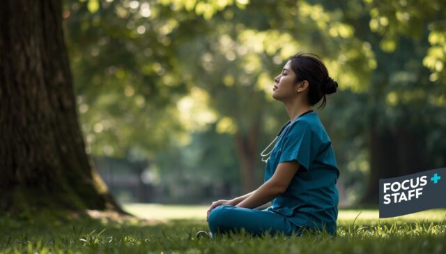 A travel nurse practicing forest bathing in a local park to reduce clinician burnout for Earth Day.