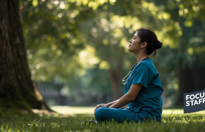A travel nurse practicing forest bathing in a local park to reduce clinician burnout for Earth Day.