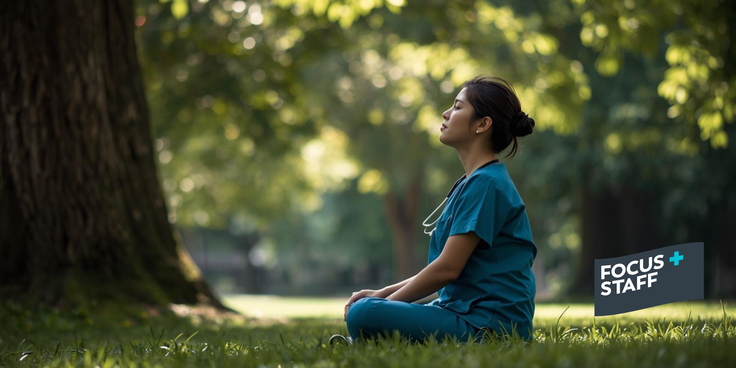 A travel nurse practicing forest bathing in a local park to reduce clinician burnout for Earth Day.