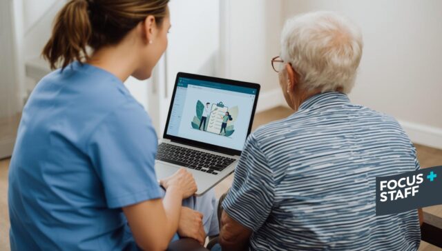 An occupational therapist and an elderly patient sitting together, successfully navigating a telehealth portal on a laptop