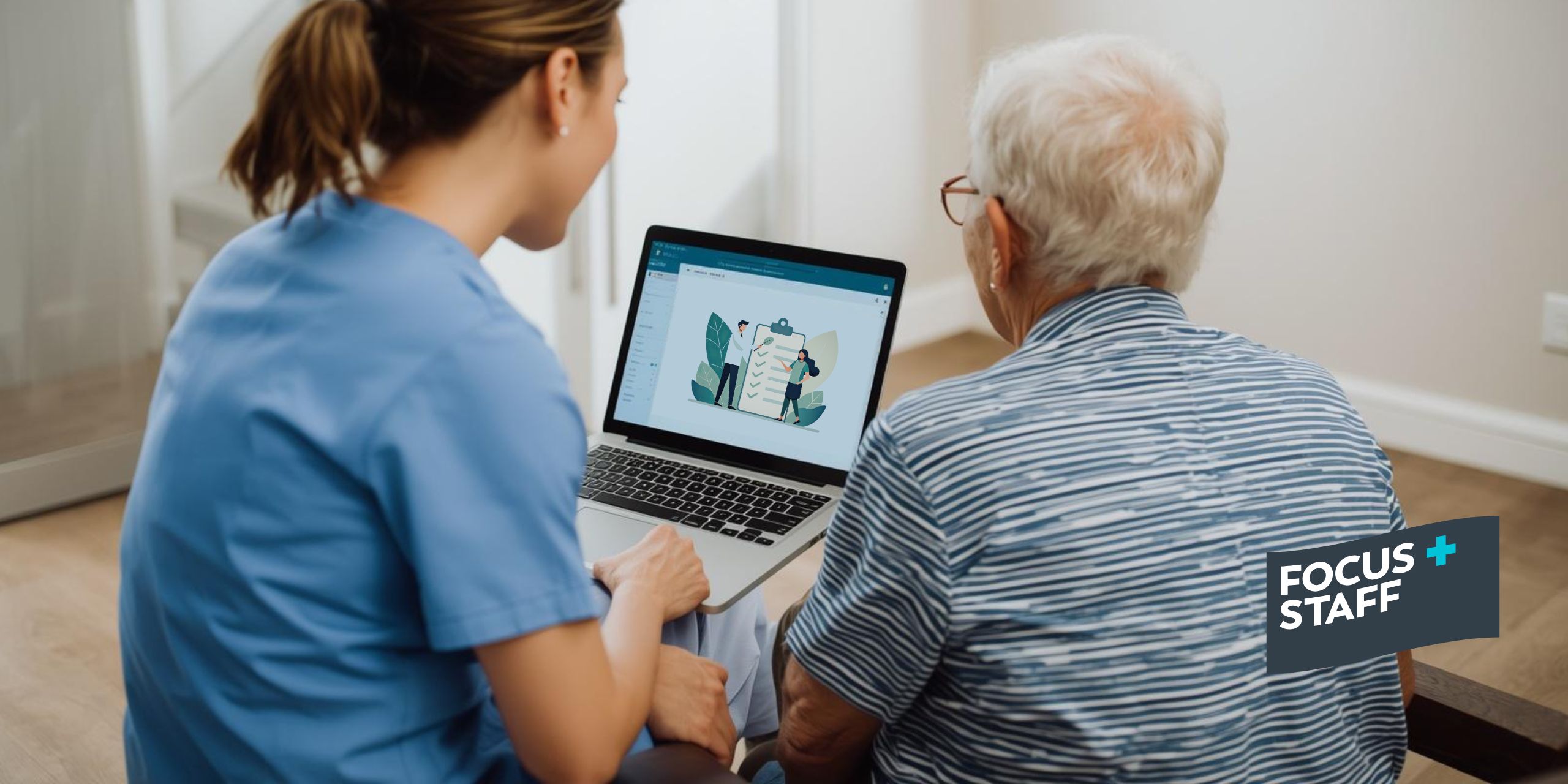 An occupational therapist and an elderly patient sitting together, successfully navigating a telehealth portal on a laptop